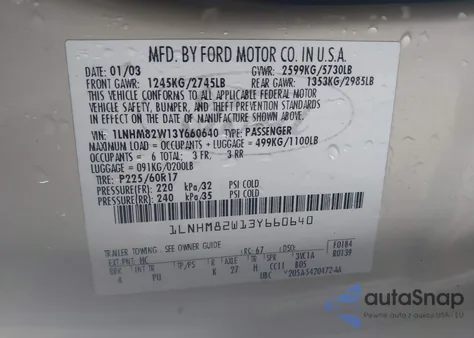 2003 Lincoln Town Car Signature из США, поврежденный, VIN 1LNHM82W13Y660640